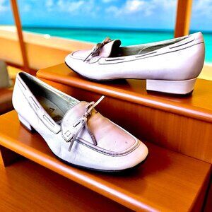 Amalfi Pale Pink Leather Loafer Flat Bow Moc Lacing Vtg 90's Womens 10 as is